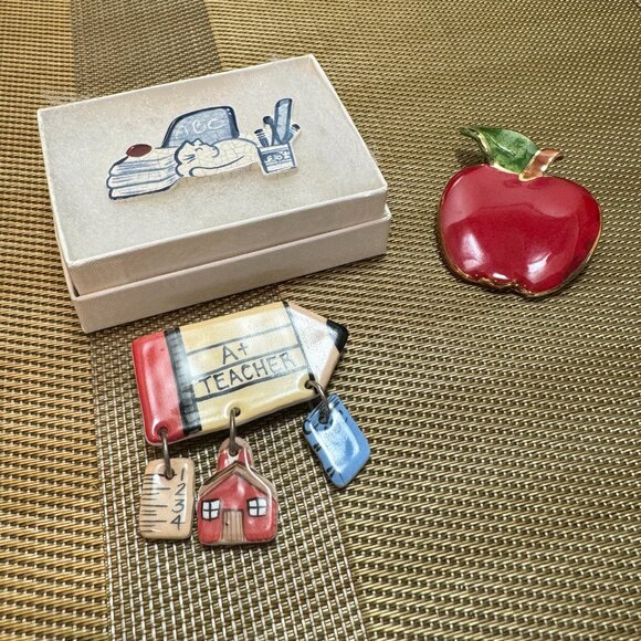 Teacher Appreciation Gifts 3 Signed Pins Boxes Included Pencil Apple Cat ABC - Picture 2 of 9